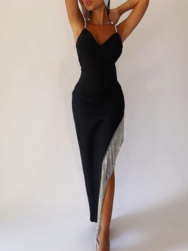 High Slit Black Slip Dress