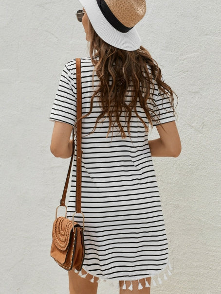 Striped Panel Fringed Hem Short Sleeve Skirt