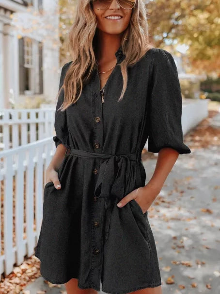 Black Buttoned Tie Waist Denim Shirt Mini Dress