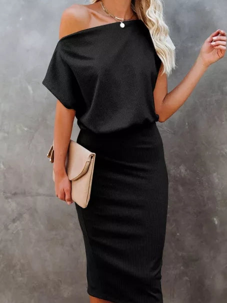 Black Boat Neck  Midi Dress