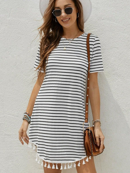 Striped Panel Fringed Hem Short Sleeve Skirt