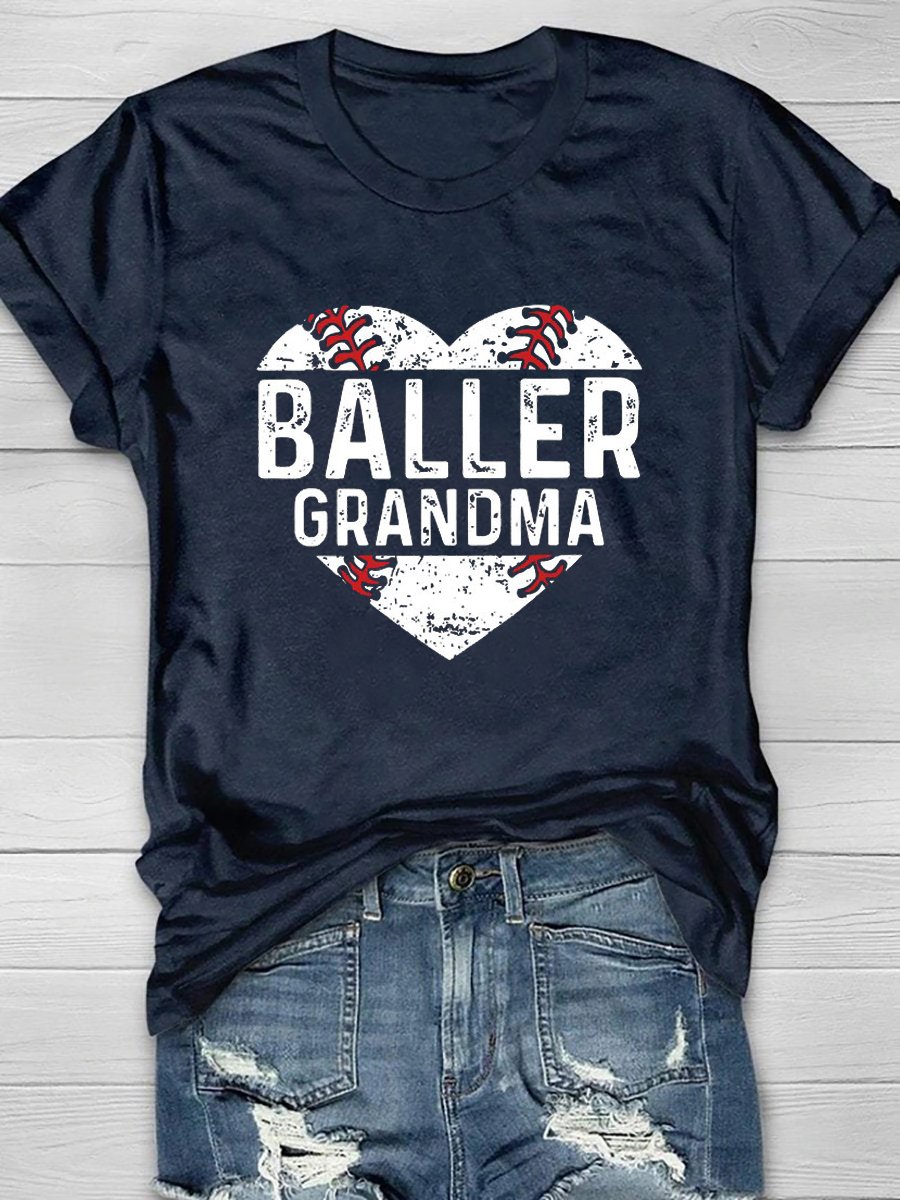 Camiseta de manga corta con estampado de corazón de abuela de béisbol 