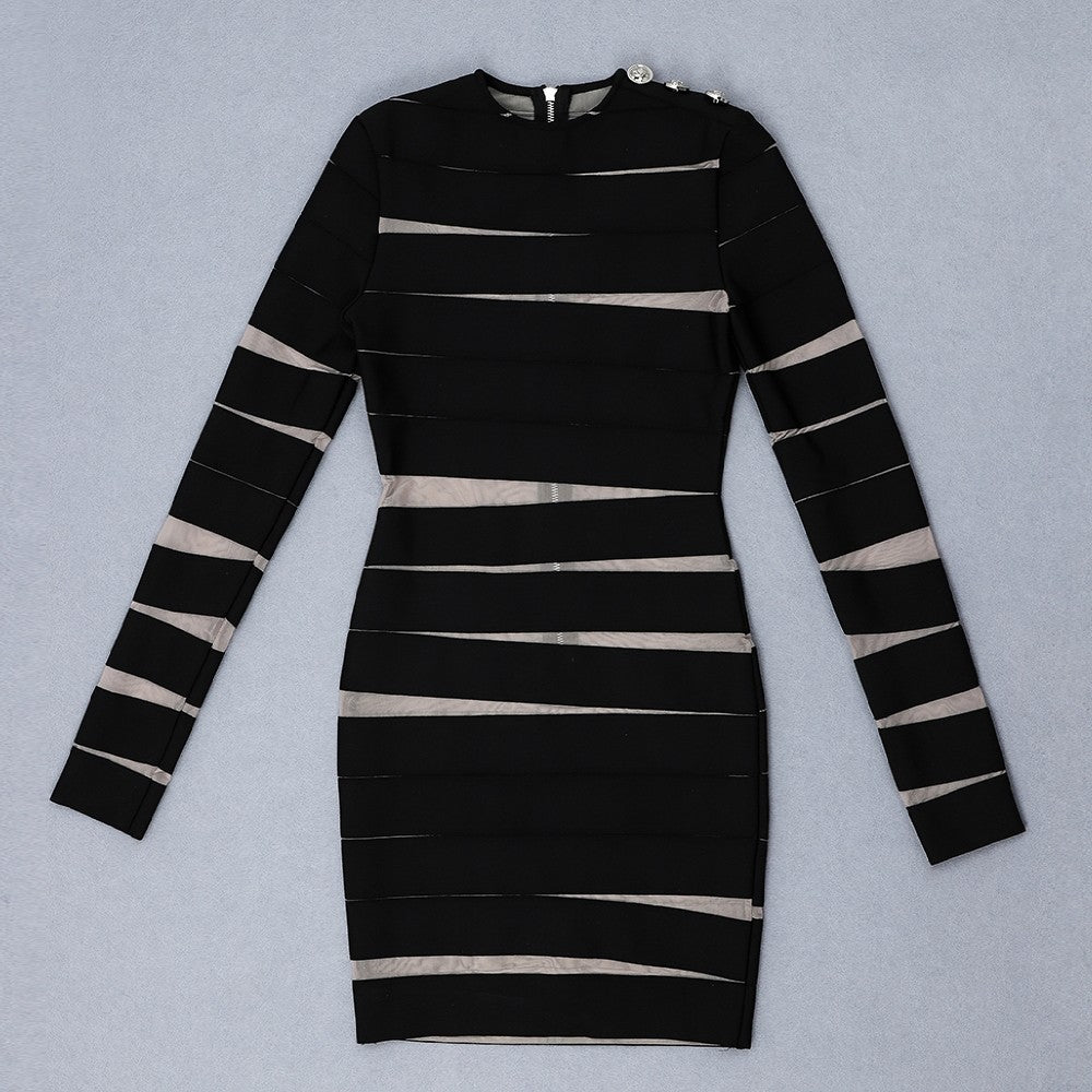 Round Neck Long Sleeve Mesh Mini Bandage Dress