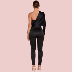 One Shoulder Long Sleeve Asymmetrical Bodycon Jumpsuit