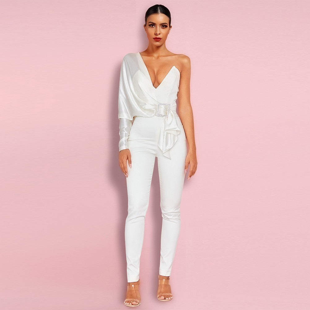 One Shoulder Long Sleeve Asymmetrical Bodycon Jumpsuit