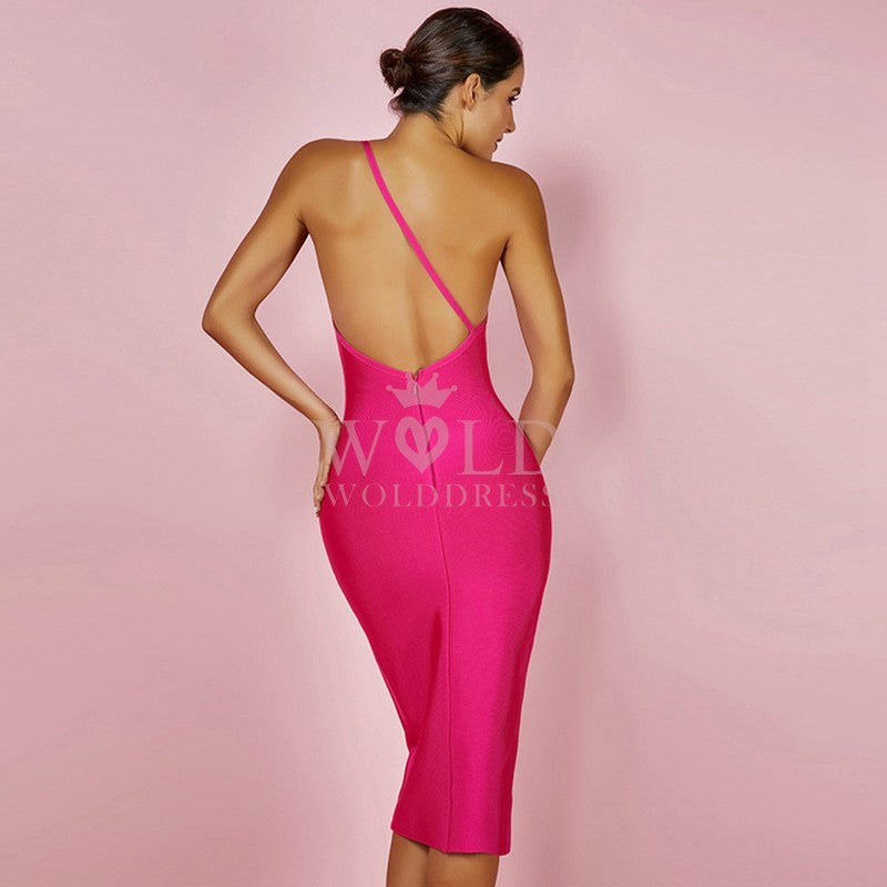 One Shoulder Sleeveless Asymmetrical Over Knee Bandage Dress HK054