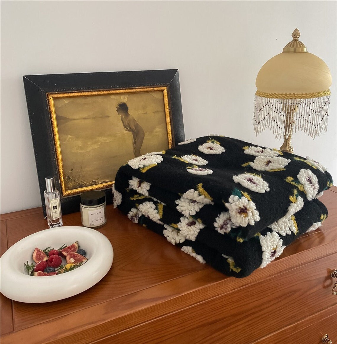 Floral Wool Velvet Blanket - Dark Blue