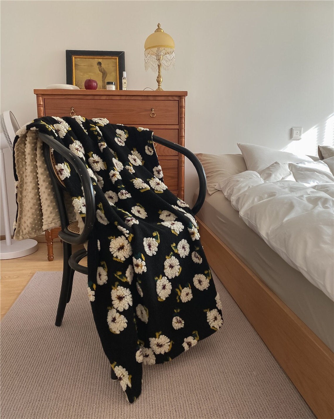 Floral Wool Velvet Blanket - Dark Blue