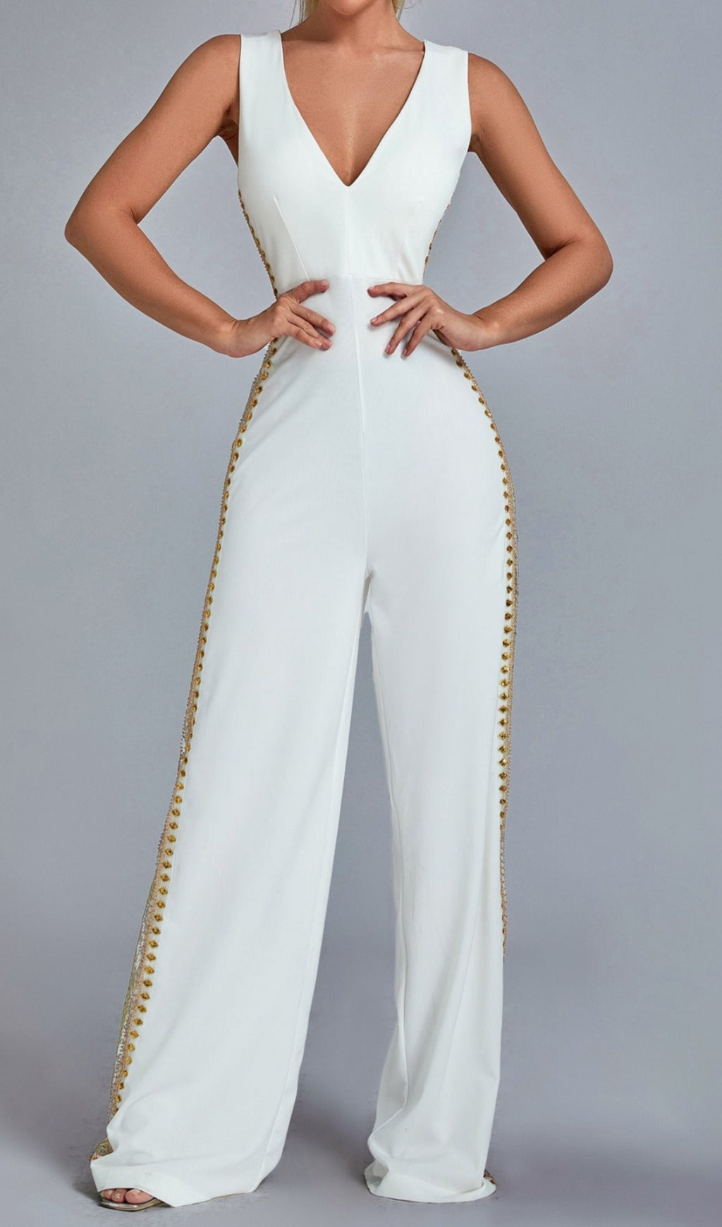 White V Neck Embroidery JumpSuit