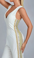 White V Neck Embroidery JumpSuit