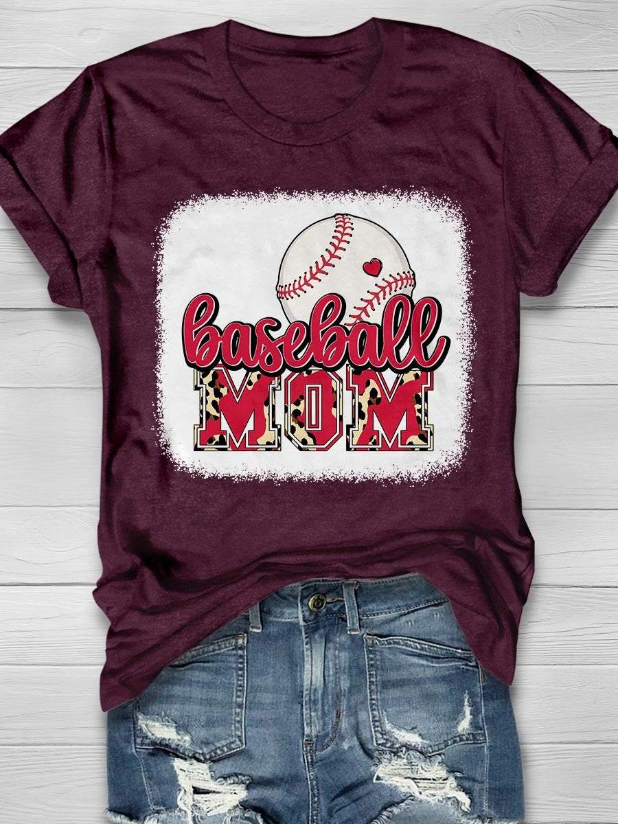 Baseball Mom Leopard Red Letters Print Short Sleeve T-shirt