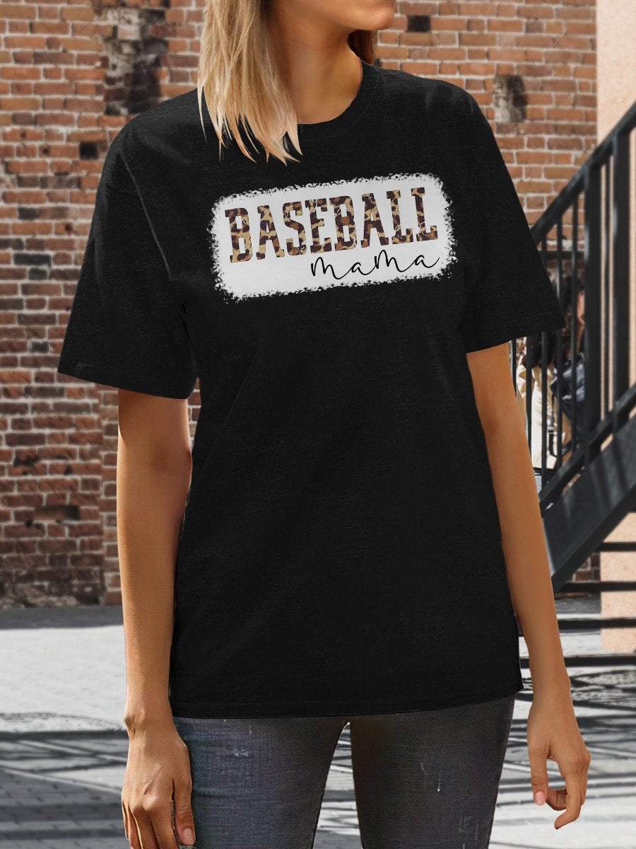 Kurzärmliges T-Shirt mit Leoparden-Baseball-Mama-Print 