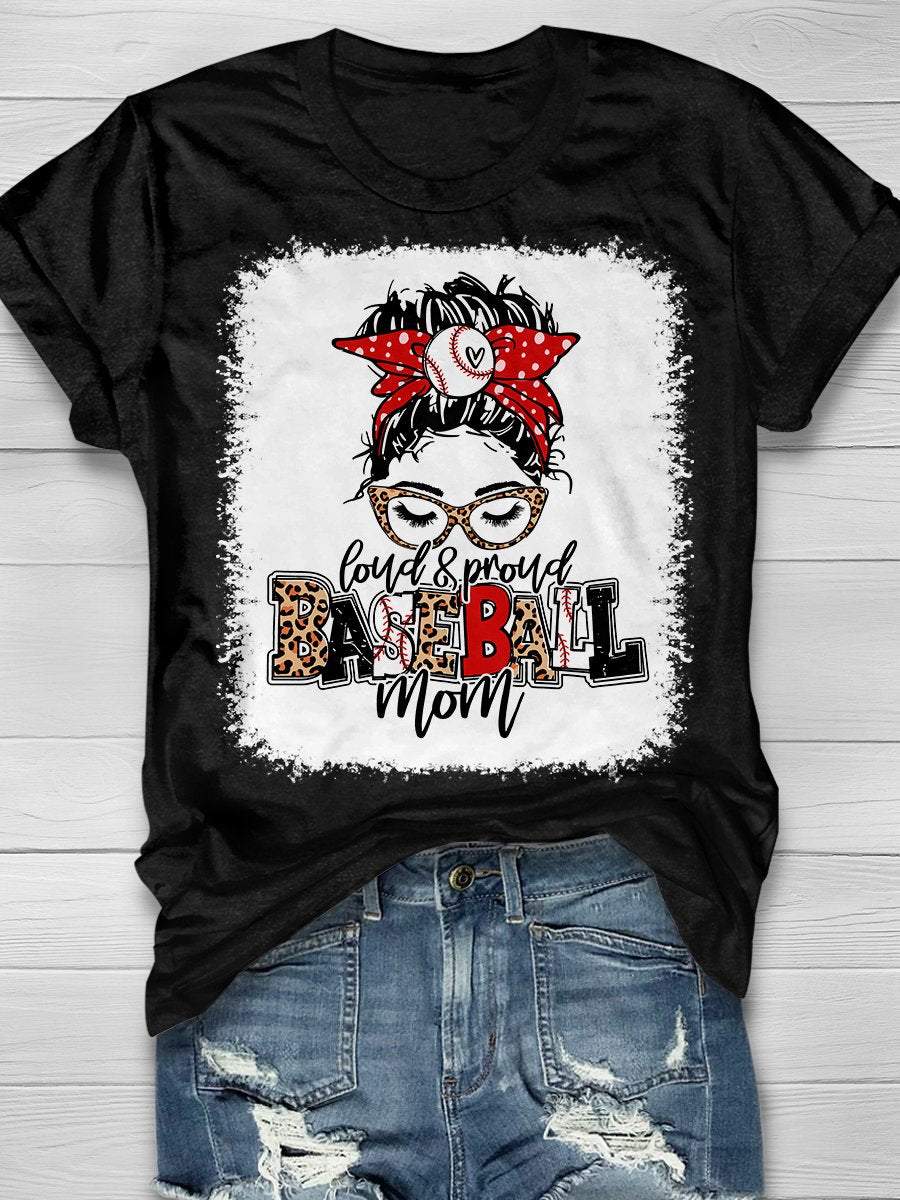 Camiseta de manga corta con estampado "Mamá del béisbol ruidosa y orgullosa" 