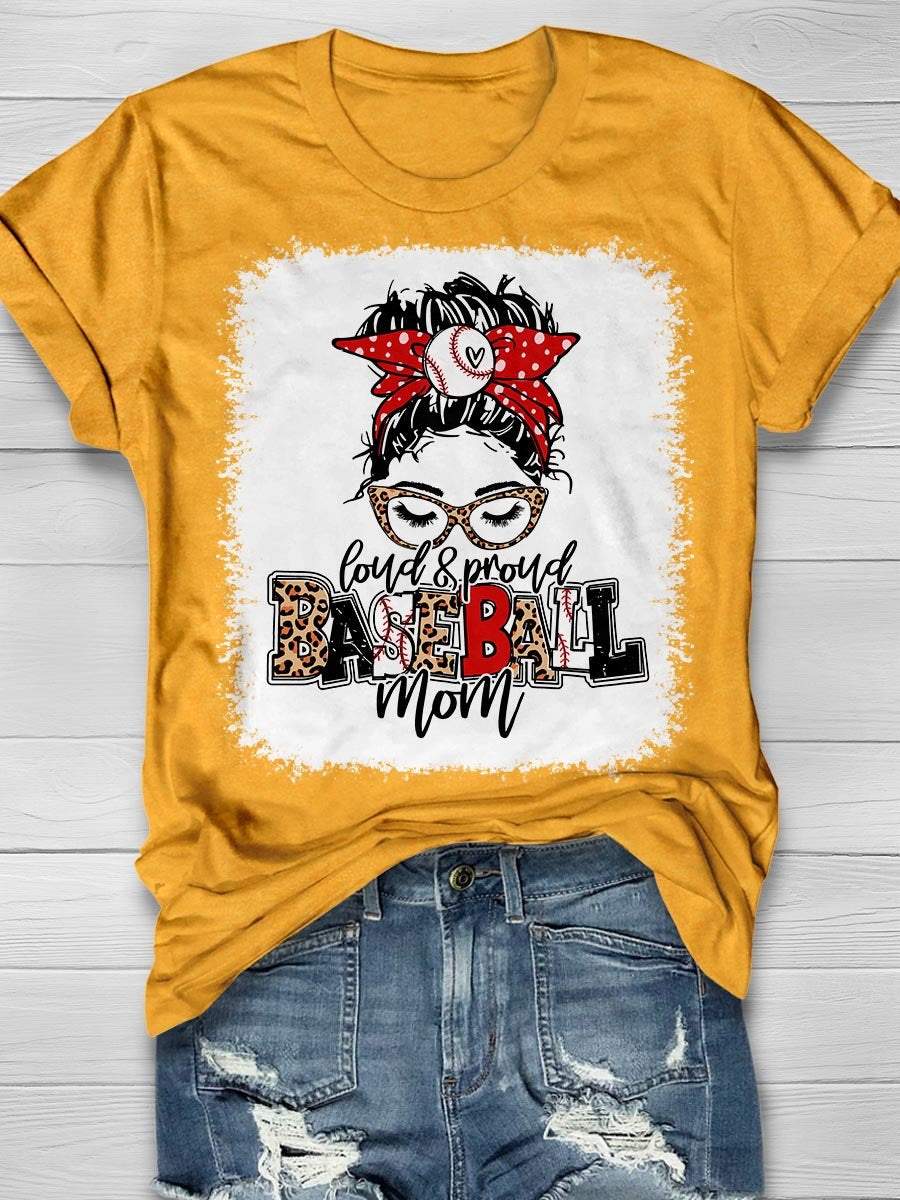 Camiseta de manga corta con estampado "Mamá del béisbol ruidosa y orgullosa" 