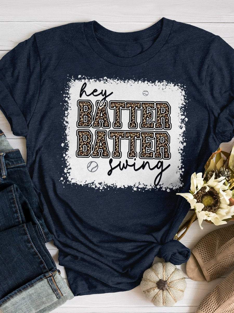 Hey Batter Batter Swing Baseball Print Short Sleeve T-shirt