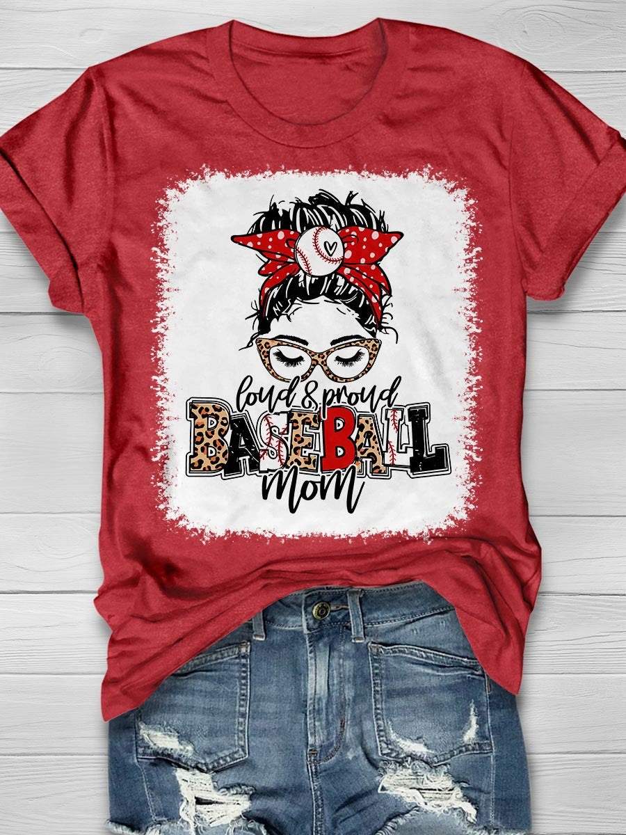 Camiseta de manga corta con estampado "Mamá del béisbol ruidosa y orgullosa" 