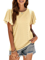 Camiseta con aberturas y mangas con volantes, top informal 