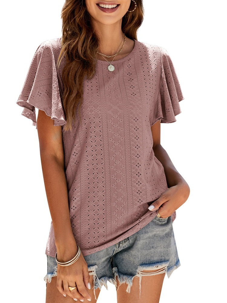 Camiseta con aberturas y mangas con volantes, top informal 