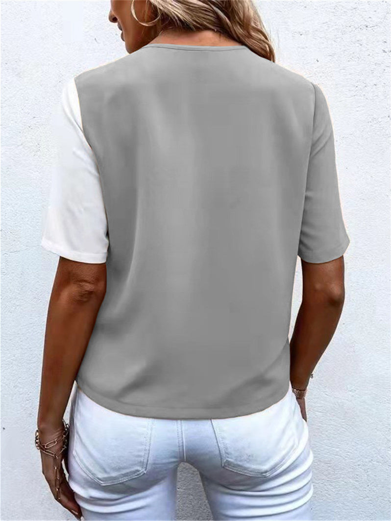 V-neck Chiffon Fashion Contrast Color Short-sleeved Shirt Top