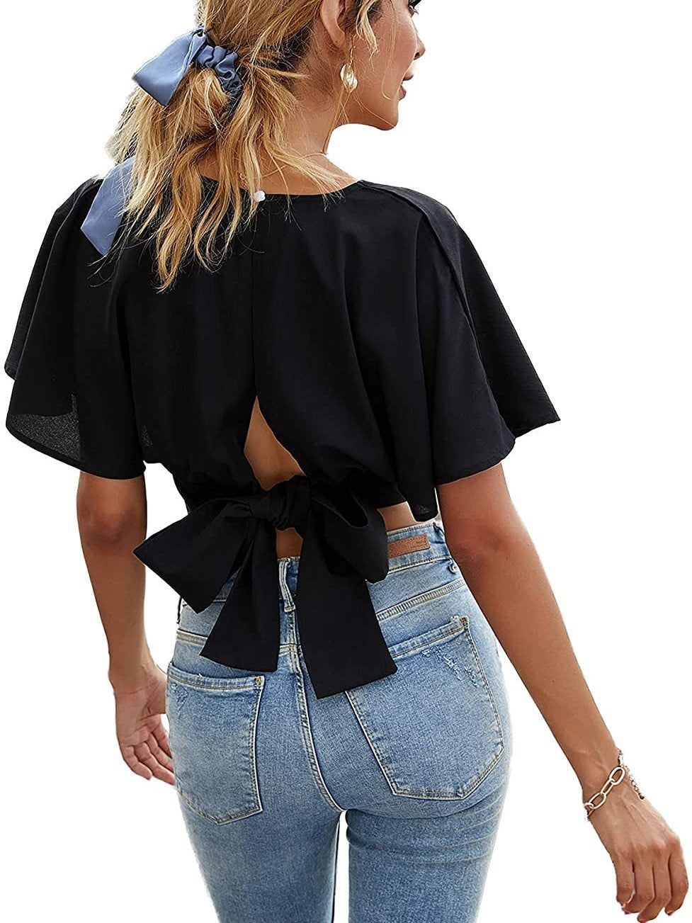 V-Neck Doll Sleeve Back Tie Bow Cropped Top