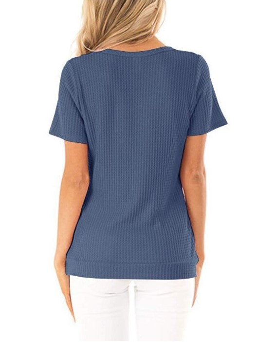 Short Sleeve V Neck Wrap Knit Top Hem Button T-Shirt
