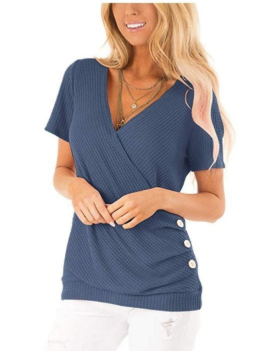 Short Sleeve V Neck Wrap Knit Top Hem Button T-Shirt