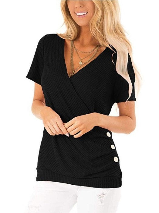 Short Sleeve V Neck Wrap Knit Top Hem Button T-Shirt