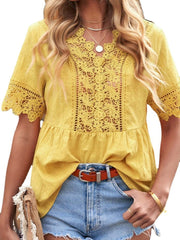 Short Sleeve V-Neck Pullover Lace Shirt Solid Color Casual Top