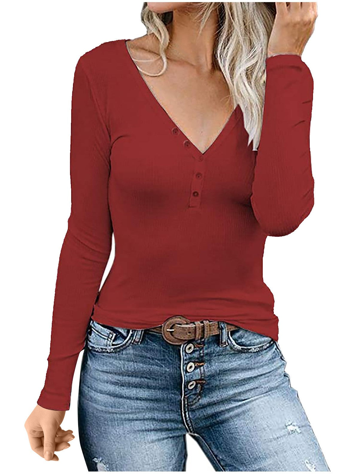 Elegantes Patch Pullover Langarm V-Ausschnitt Slim Fit Damen T-Shirt 