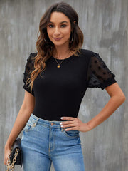 Solid Color Pullover Ribbed Crewneck Top Lace Short Sleeve T-Shirt