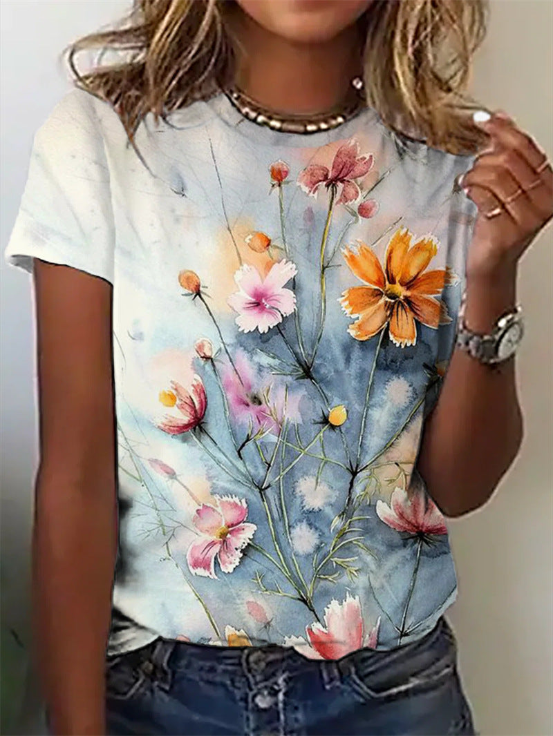 Summer Flower Print Short Sleeve Crewneck T-Shirt