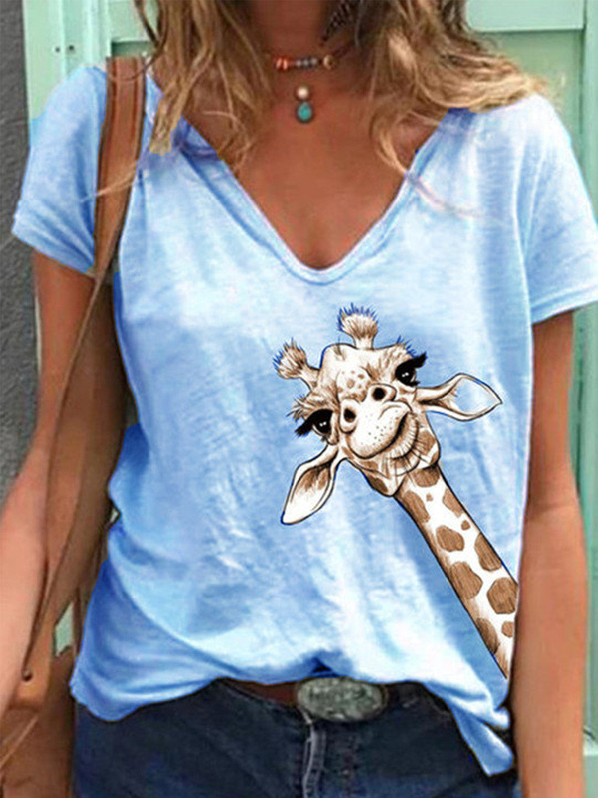 Animal Print Short Sleeve V-Neck T-Shirt