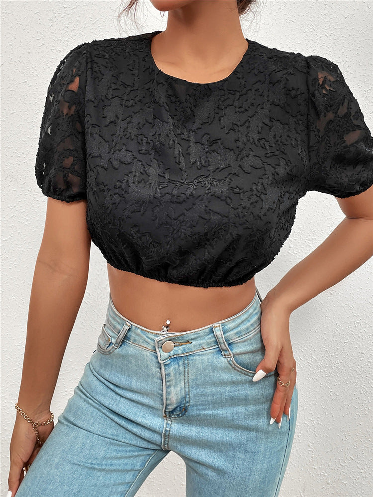 Sleeve Hollow Western Style Pullover Cropped Navel French Vintage Round Neck Top