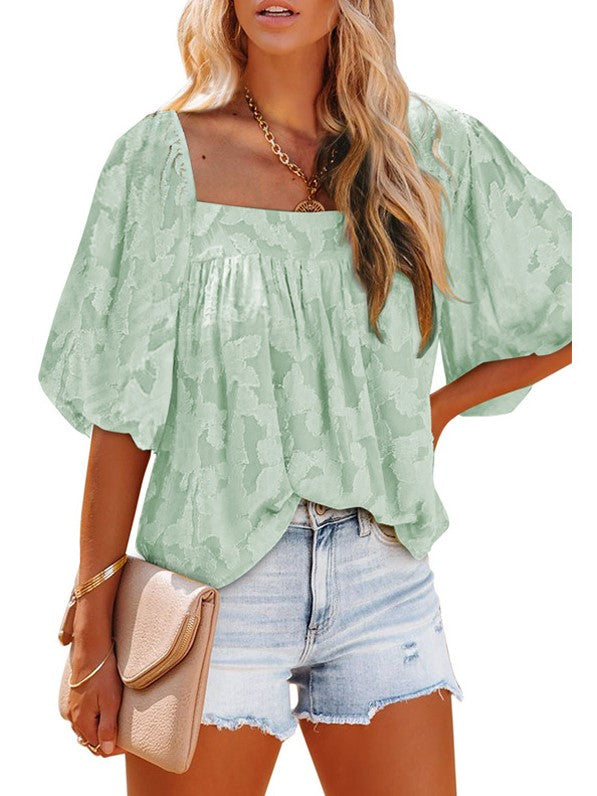 Solid Color Irregular Mid Sleeve Ladies Loose Casual Puff Sleeve Top