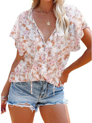 V-neck Half-placket Short-sleeved Loose Casual Shirt