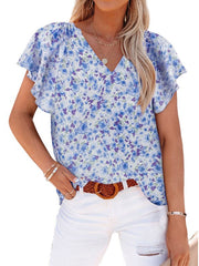 V-Neck Printed Short Sleeve Loose Casual Pullover Shirt