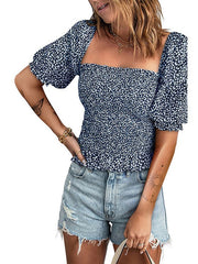 Pullover Floral Top Square Neck Waist Slim Short Sleeve T-Shirt