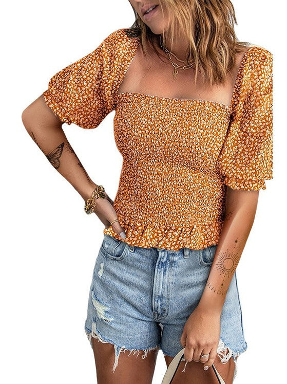 Pullover Floral Top Square Neck Waist Slim Short Sleeve T-Shirt