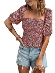 Pullover Floral Top Square Neck Waist Slim Short Sleeve T-Shirt