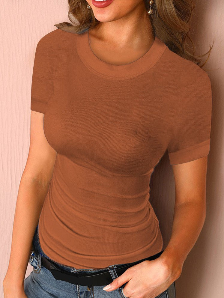 Solid Color Patchwork T-Shirt Short Sleeve Women's  Round Neck Body Top