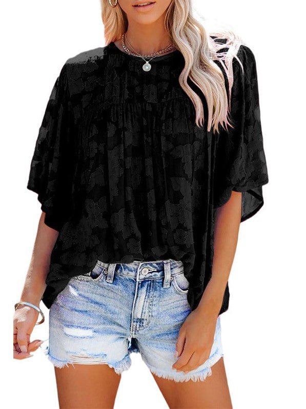 Five-point Sleeve Lace Shirt European And American Women's Foreign Trade Loose Round Neck Pullover