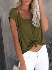 Solid Color Round Neck Pullover Loose Ripped Top T-shirt