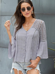 Lace Pattern Shirt Women's Trendy V-Neck Long Sleeve Crochet Print Loose Top