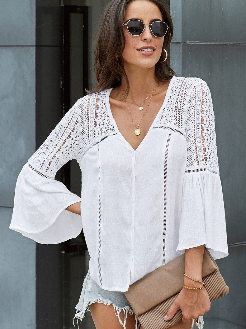 Lace Pattern Shirt Women's Trendy V-Neck Long Sleeve Crochet Print Loose Top