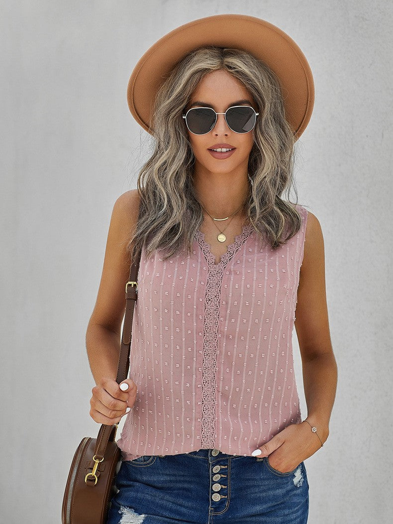 Summer Solid Embroidered Loose Sleeveless Top