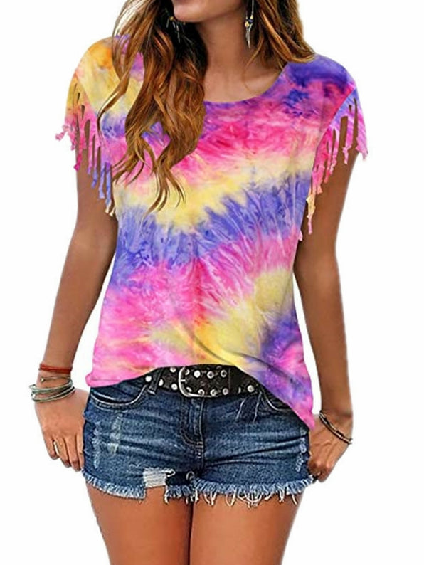 Camiseta de manga corta con efecto tie-dye y flecos quemados 