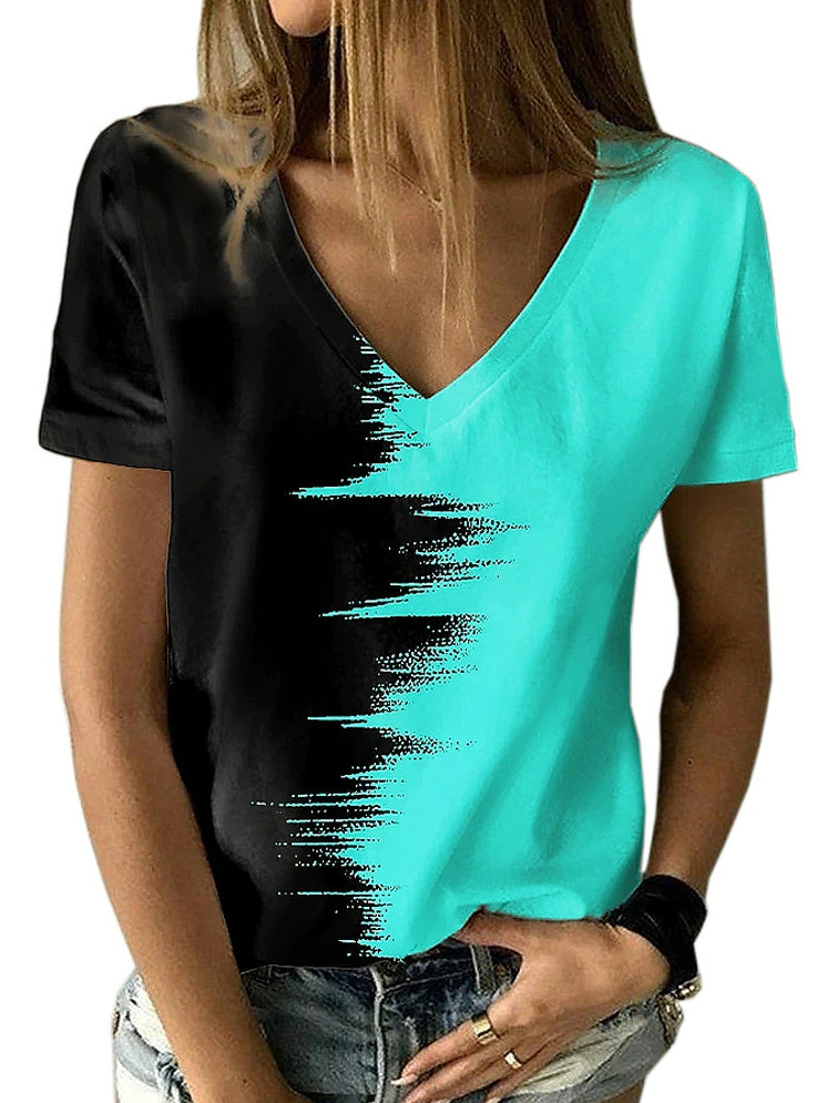 Camiseta de manga corta con cuello en V y contraste para mujer 