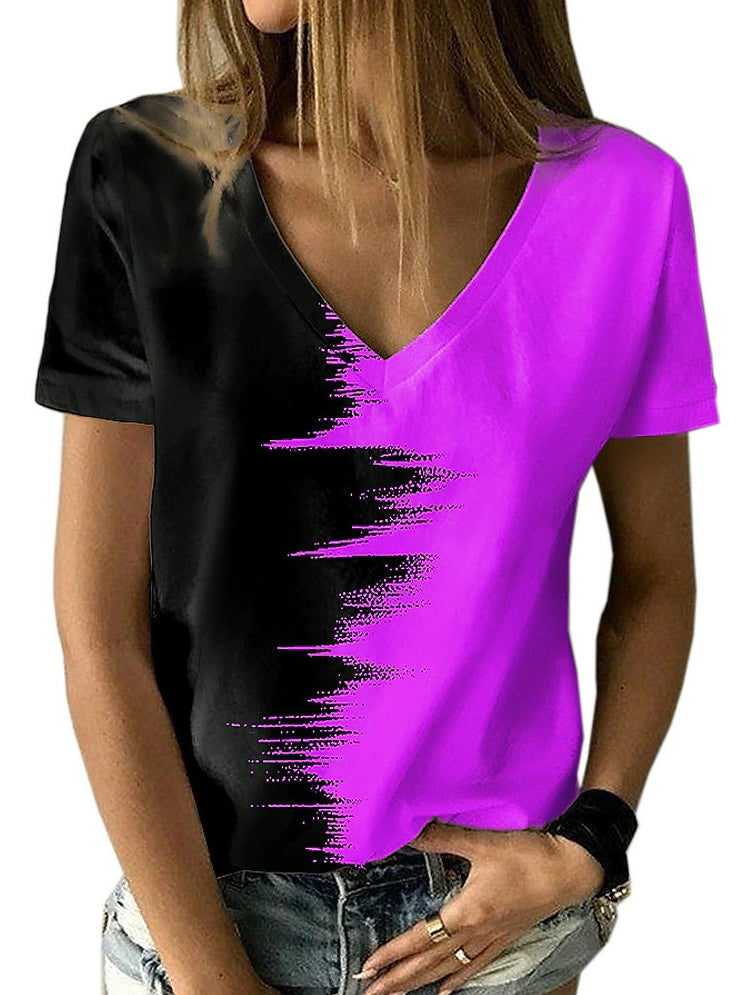 Camiseta de manga corta con cuello en V y contraste para mujer 