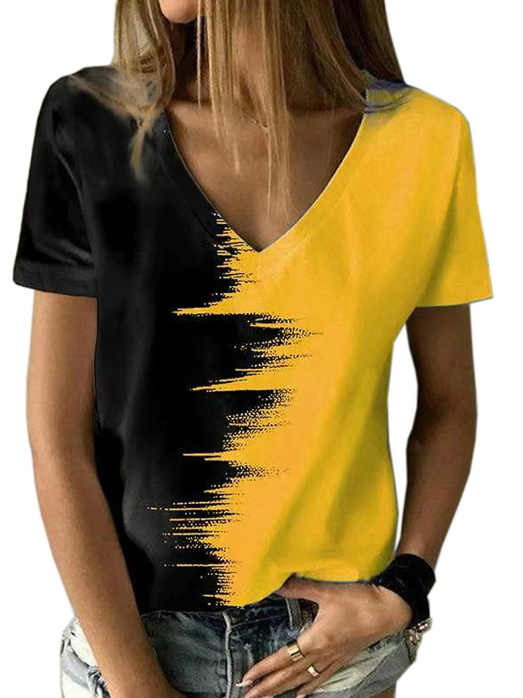 Camiseta de manga corta con cuello en V y contraste para mujer 