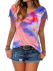 Camiseta de manga corta con efecto tie-dye y flecos quemados 